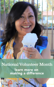 Five Acres volunteer Mimi Carter holds a snow cone and text reads national volunteer month learn more on making a difference