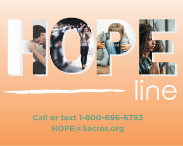The word HOPE with images of people with mental health challenges, impacted by domestic violence, child abuse, and the pandemic in the lettering with the words below that read call or text 1-800-696-6793 or email HOPE@5acres.org