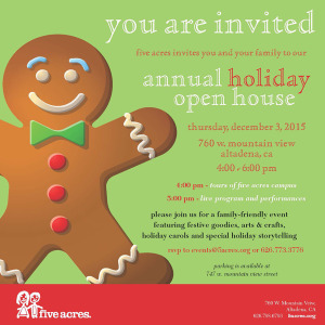 Gingerbreadman invitation to Holiday Open House Dec 3, 2015 at Five Acres