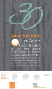 Save-the-date for Five Acres Annual golf Classic and Dinner to be held at Annandale Golf Club September 18, 2017