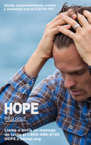 A man with his hands on his head with the words that say experiencing stress and anxiety with COVID-19. HOPE is here. Call or text 1-800-696-6793 or HOPE@5acres.org