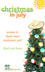 A christmas tree with a cowboy hat and beach balls as ornaments with words that say Christmas in July make it their best summer yet and find out how