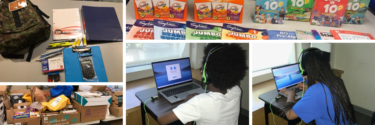 Photos of children on their laptops using headphones and back to school supplies