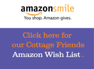 Amazon smile logo with wording that reads click here for our Cottage Friends Amazon Wish List
