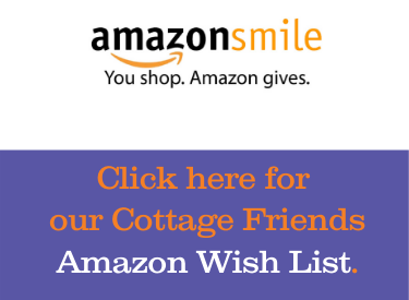 Amazon Smile logo with words that read click here for our Cottage Friends Amazon Wish LIst