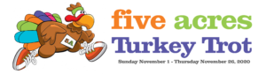 Five Acres Turkey Trot logo with turkey in colorful feathers