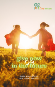 Image of two young girls wearing capes holding hands and walking towards a sunset with the words Give now or in the future