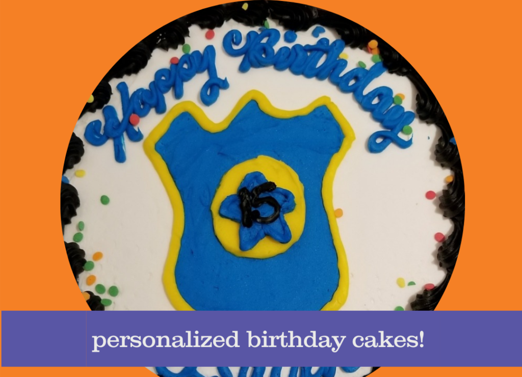 a happy birthday cake with a police badge and words that read personalized birthday cakes