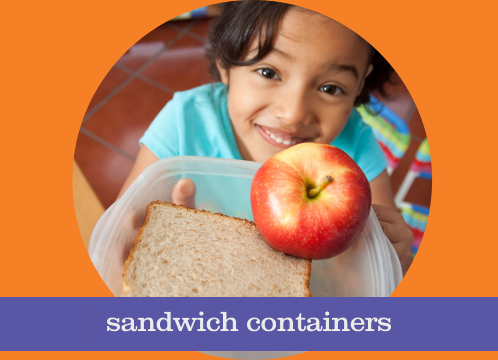 a picture of a child holding a sandwich container with a sandwich in it and an apple on top and the words that say sandwich containers