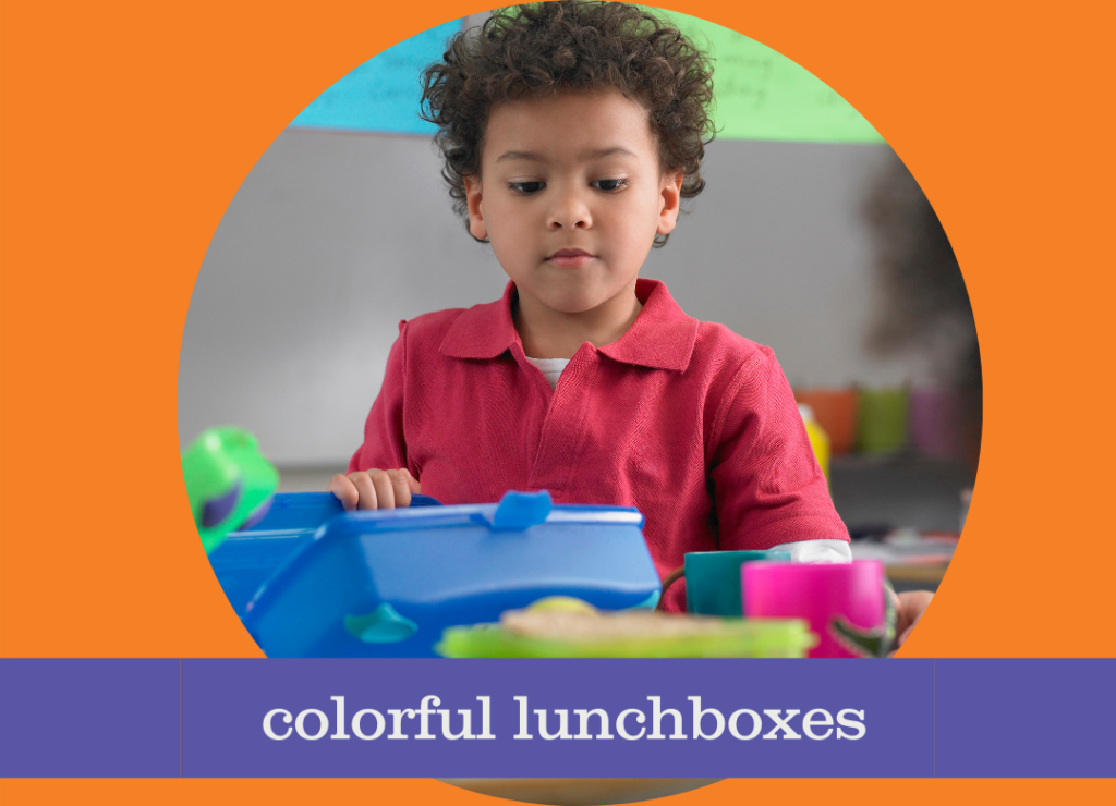 a picture of a child with a lunchbox and words that say colorful lunchboxes