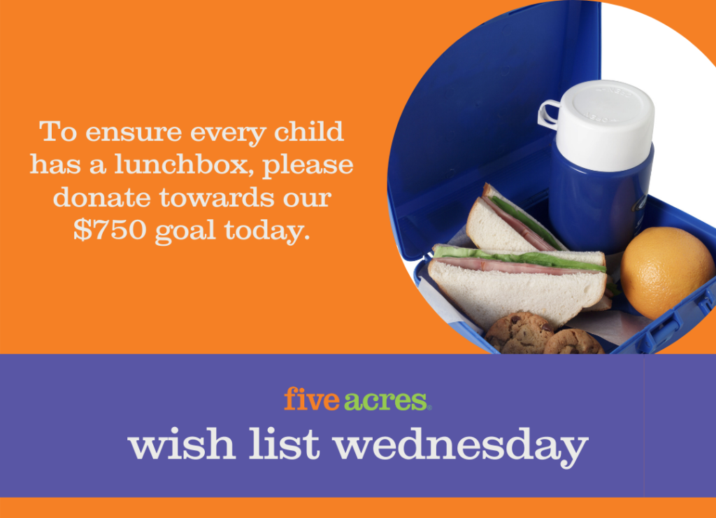 a picture of a lunchbox with food and the words that say to ensure every child has a lunchbox, please donate towards our $750 goal today for Five Acres wish list wednesday