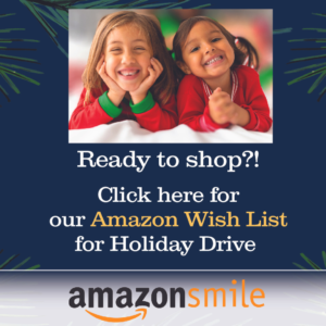 two little girls with words that read Ready to Shop click here for our Amazon Wish List for Holiday Drive