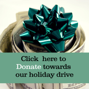 a green bow on top of money with the words that say click here to donate towards our holiday drive