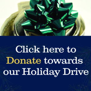 A roll of cash with a bow with words that read click here to donate towards our holiday drive