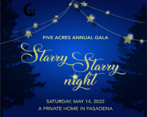 Image of two pines with twinkling lights and the words that read Five Acres Annual Gala Starry Starry Night