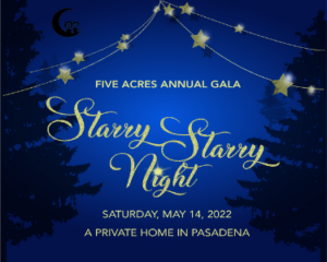 Image of two pines with twinkling lights and the words that read Five Acres Annual Gala Starry Starry Night