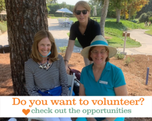 Three volunteers at the Five Acres Golf Classic and Dinner with words that say Do you want to volunteer? check out the opportunities