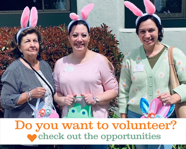 Three volunteers wearing bunny ears and holding Easter baskets with words that say Do you want to volunteer? check out the opportunities