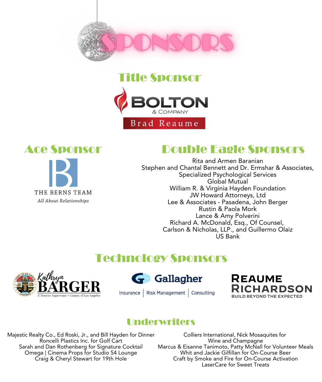 List of Five Acres Golf Classic sponsors and underwriters