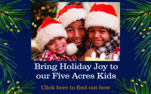 Picture of three little boys wearing hats with the words that read Bring Holiday Joy to Our Five Acres Kids Click here to find out how