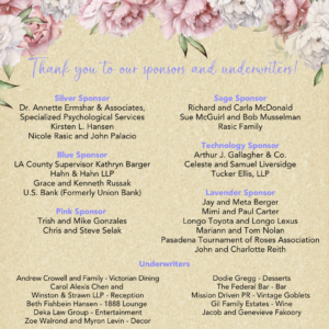 A Thank you list of our Five Acres Gala sponsors and underwriters