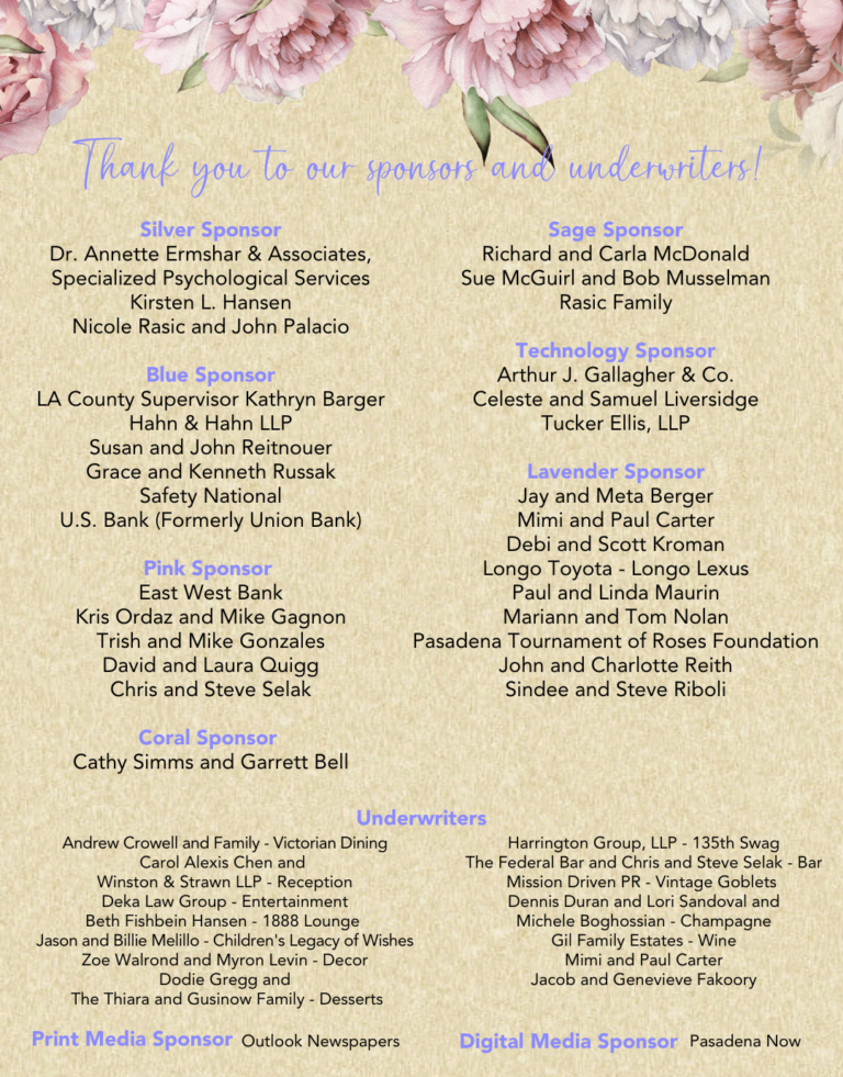 A Thank you list of our Five Acres Gala sponsors and underwriters