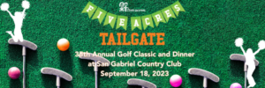 A picture of golf clubs on the fairway with two cheerleaders depicted in white shadows with the words that read Five Acres Tailgate 35th annual golf classic and dinner at San Gabriel Country Club on September 18, 2023