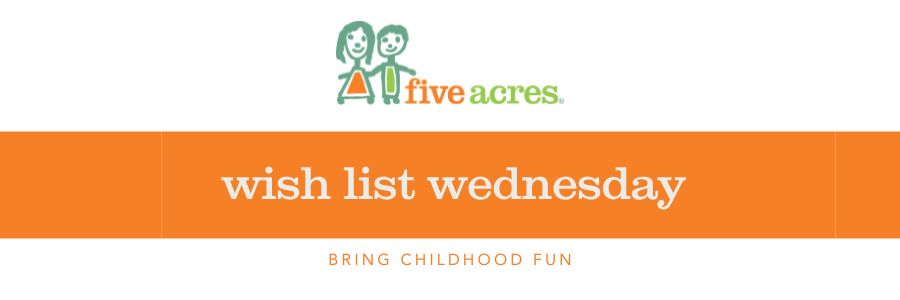 Five Acres logo with words that read Wish List Wednesday Bring childhood fun