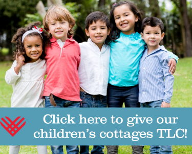 diverse children smiling with the words that state click here to give our children's cottages TLC