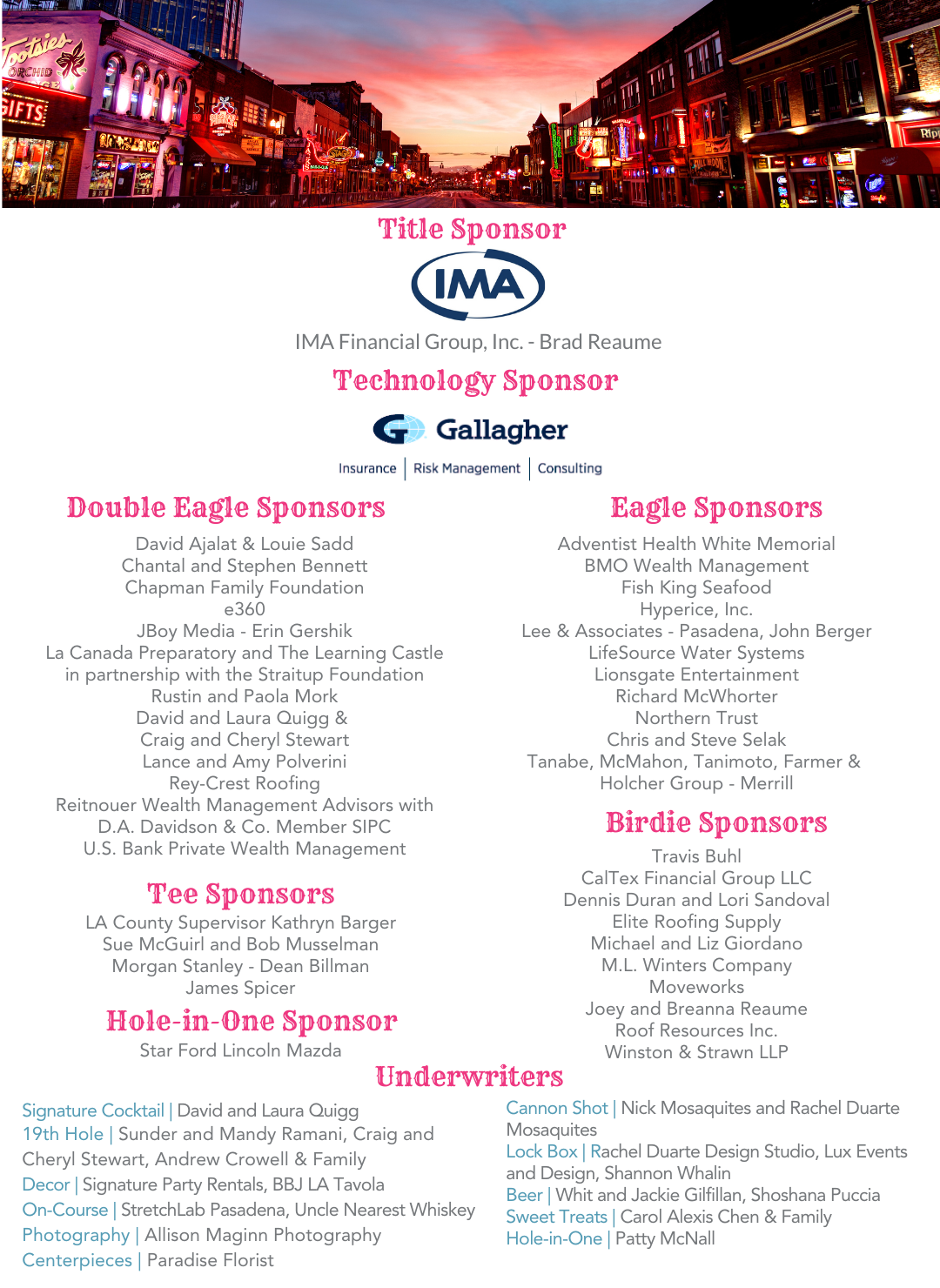 Five Acres Nashville Nights 36th Annual Golf Classic and Dinner list of sponsors and underwriters