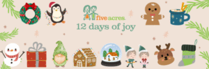 Image with holiday graphics and the Five Acres logo with 12 days of joy