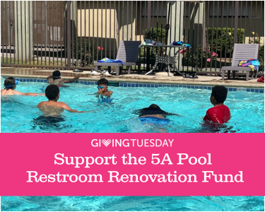GivingTuesday web homepage Children in a pool and the words that read GivingTuesday support the 5A pool restroom renovation fund