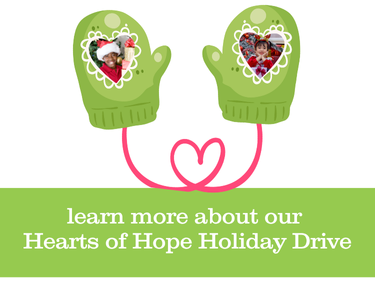 holiday toy drive green snow gloves with children's pictures in heart shaped frames and the words that read learn more about Five Acres Hearts of Hope Holiday Drive