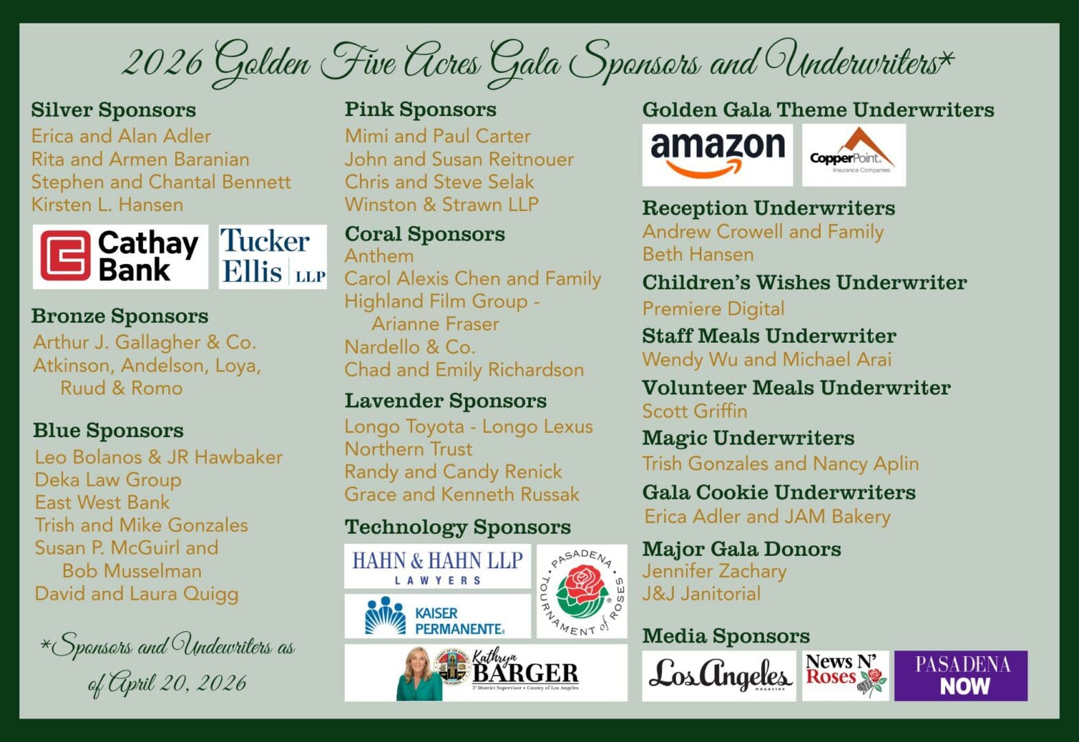 2026 Golden Five Acres gala sponsors poster