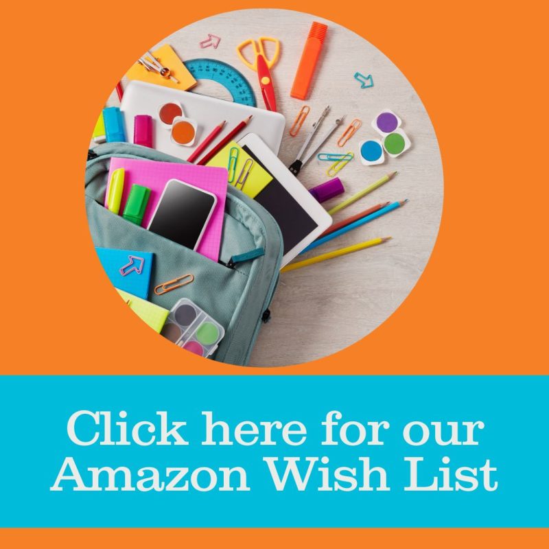 a photo of school supplies with the words that read click here for our Amazon wish list